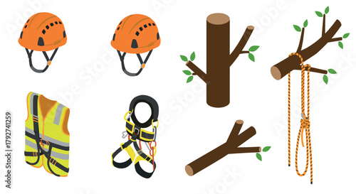 Isometric safety equipment and tree cutting tools for climbing and forestry
