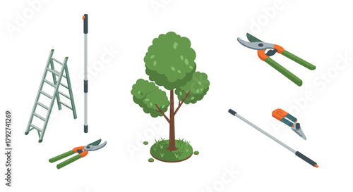 Garden tools for tree pruning featuring ladder and shears in isometric style