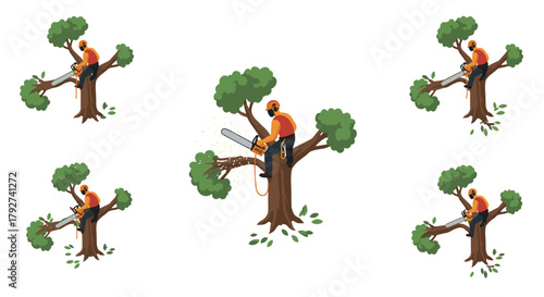 Arborist tree trimming safety gear chainsaw action cartoon set