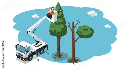 Tree trimming service with hydraulic lift truck in isometric style