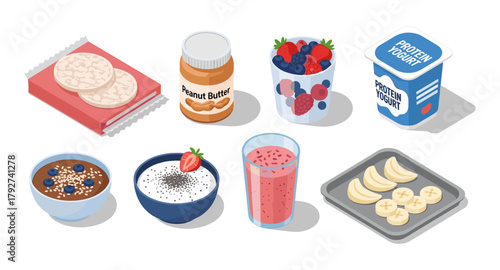 Healthy breakfast set with peanut butter, berries, protein yogurt, and smoothie