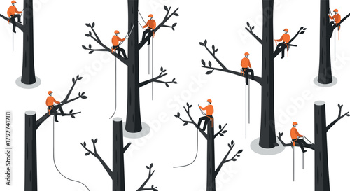 Arborists climbing trees in seamless isometric pattern with orange accents