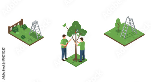 Isometric garden maintenance scene with ladders and trees in park setting