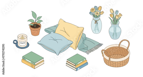 Cozy home decor elements in soft pastel colors with flowers, pillows, and books