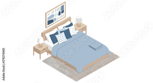 Cozy bedroom in isometric style with modern decor and blue bedding