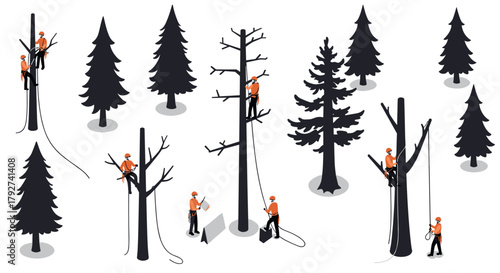 Isometric arborists working on trees in forest environment