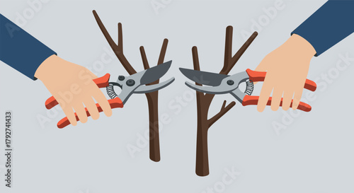 Pruning shears in action hands trimming tree branches for gardening care