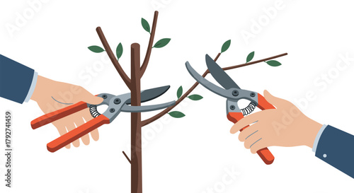 Hands pruning tree branches with garden shears in flat style