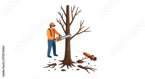 Isometric lumberjack cutting tree with chainsaw in autumn forest scene