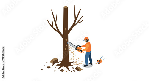Isometric tree cutting scene with worker using chainsaw and safety gear