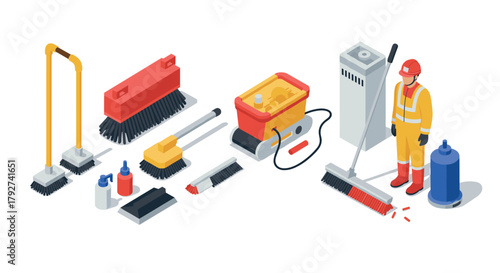 Isometric cleaning tools and worker in safety gear