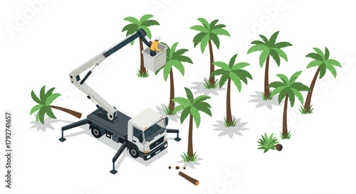 Isometric arborist in cherry picker trimming palm trees in tropical landscape