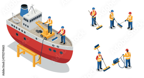 Maritime maintenance workers in isometric style cleaning and painting ship