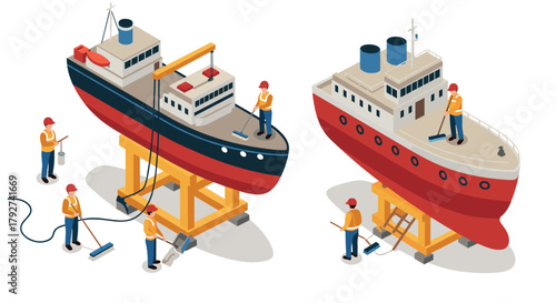 Isometric ship maintenance with workers in safety gear at dry dock