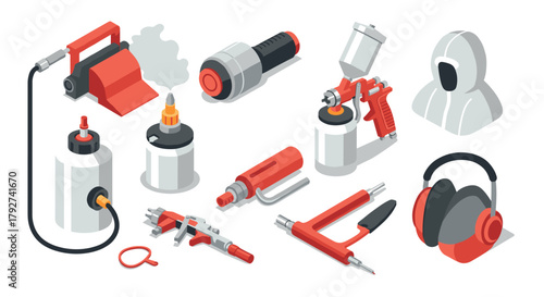 Isometric painting tools set with spray gun, compressor, and safety gear on white background