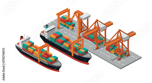 Isometric shipping port with cargo ships and cranes