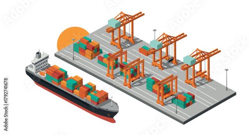 Isometric cargo port with shipping containers and cranes at sunset