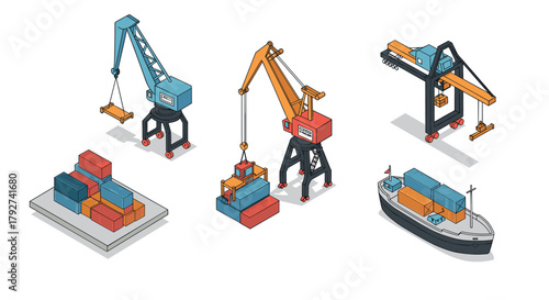 Isometric shipping port with cranes and cargo containers