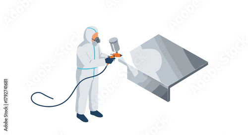 Isometric worker spray painting metal surface in protective gear