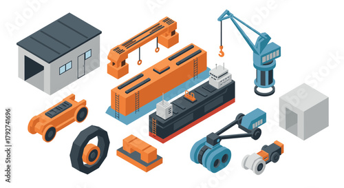 Isometric industrial elements set featuring construction and transport tools