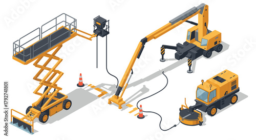 Construction equipment set featuring isometric crane, lift, and road machinery on white background
