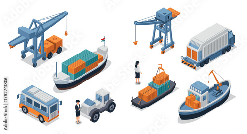 Modern transportation and shipping isometric design featuring cargo and vehicles