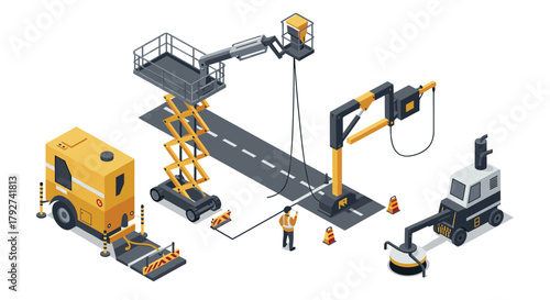 Isometric road construction equipment set with maintenance workers and machinery