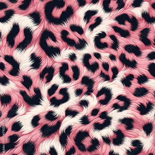 Modern pink leopard animal skin pattern featuring spotted fur, excellent for fabric projects, wallpaper, and camouflage.