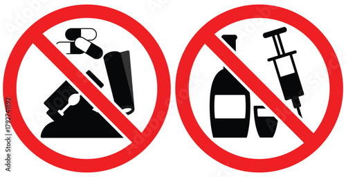 No Drugs and Alcohol Prohibition Symbol Set —  Red Warning Sign, Stop Addiction, No Smoking, Prohibited Substance Abuse, Health Awareness Vector Icon