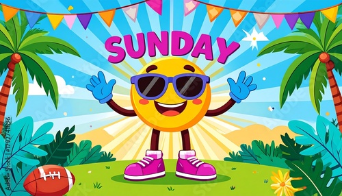 Whimsical illustration of a smiling sun character with sunglasses, palms, text, and vibrant background elements. Includes a football