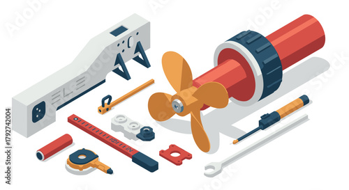 Isometric engine parts and tools set with propeller and wrench on white background