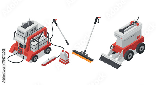 Isometric street cleaning machines in red and gray