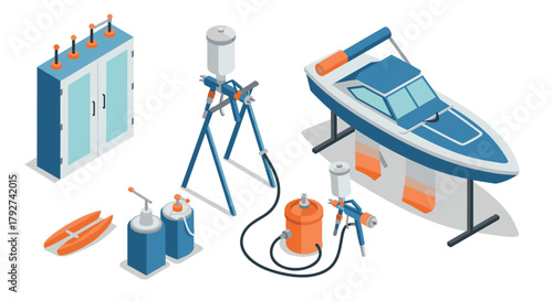 Isometric yacht construction equipment with tools and safety gear