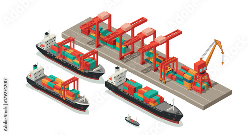 Isometric cargo ships and port cranes in a busy shipping harbor scene
