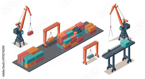 Isometric cargo port with cranes and containers on a dock