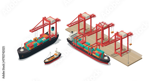 Isometric cargo port with container ships and cranes in detailed harbor scene