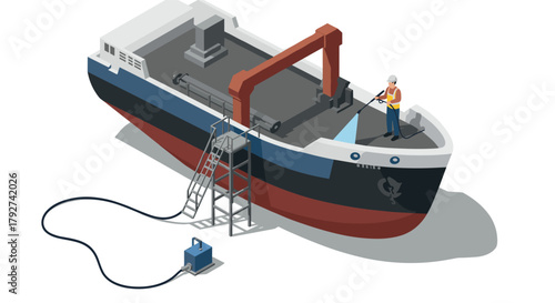 Isometric cargo ship maintenance with worker in safety gear