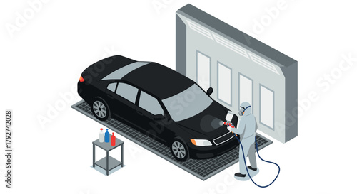 Isometric car painting process with technician in protective gear at garage