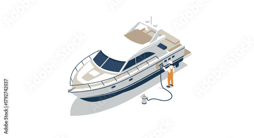 Isometric yacht maintenance scene with technician refueling in minimal style