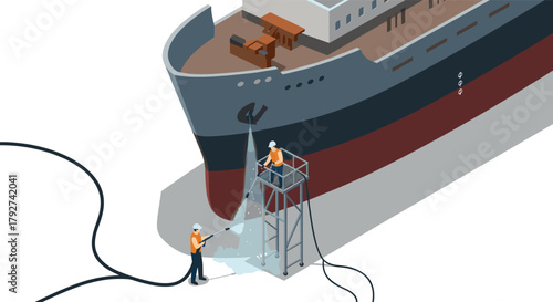 Workers cleaning ship hull with pressure washers in isometric design