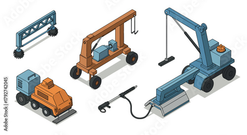 Isometric construction equipment set featuring cranes and industrial machinery