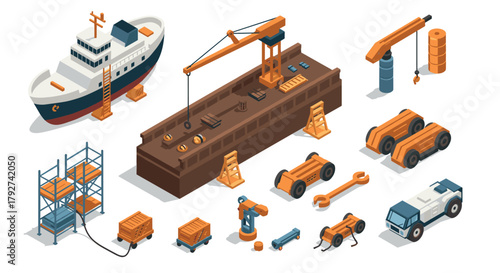 Isometric shipyard elements with industrial vehicles and machinery on white background