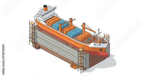 Isometric cargo ship in dry dock with containers and cranes