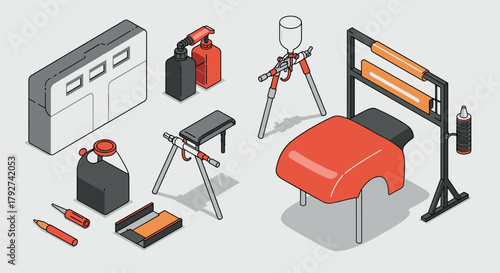Isometric car painting tools and equipment for auto repair