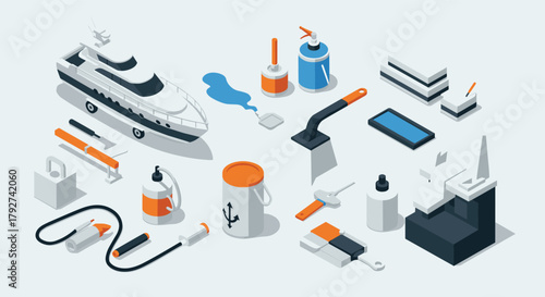 Isometric nautical tools with yacht and marine equipment in modern design