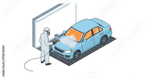 Isometric car detailing with spray gun in workshop
