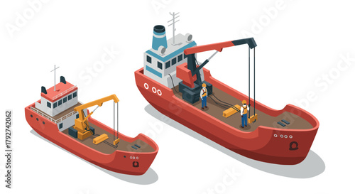 Isometric cargo ships with cranes and crew in harbor setting