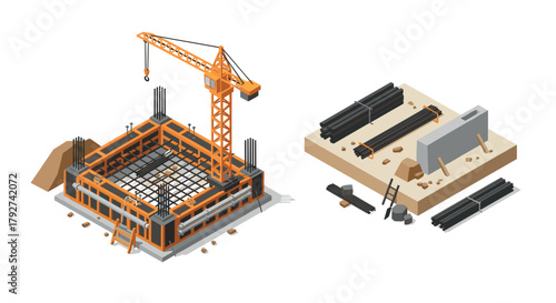 Isometric construction site with crane and building materials