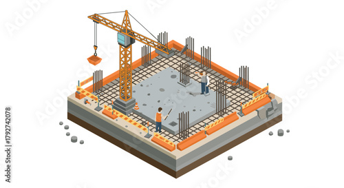 Isometric construction site with crane and workers on foundation