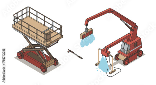 Isometric construction lift and crane with water spray for industrial projects